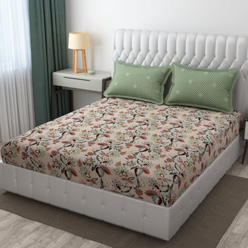 Image of IVAZA Turkish Cotton 280 TC Super Soft Warm Bedsheet Set for Double Size Bed, Durable Double bedsheet with 2 Pillow Cover Cream Green