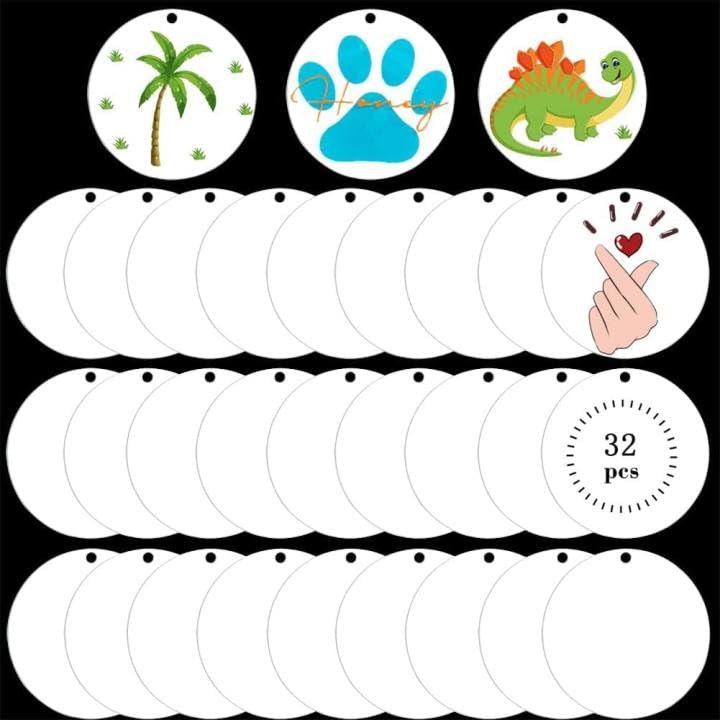 XWAIO 32 Pieces 3Inch Acrylic Keychain Blanks White Christmas Acrylic Ornament Blanks Bulk Circles Disc Ornaments Blanks With Hole Blank Ornaments for Crafting Diy Holiday Hanging Ornaments