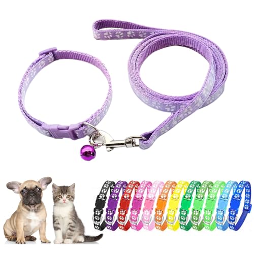 Purple Small Dog Collar and Leash Set Pawprint Puppy Collar and Leash Adjustable Kitten Collar with Bell for Tiny Little XXS XS Small Breed Pets Dogs Girls Female