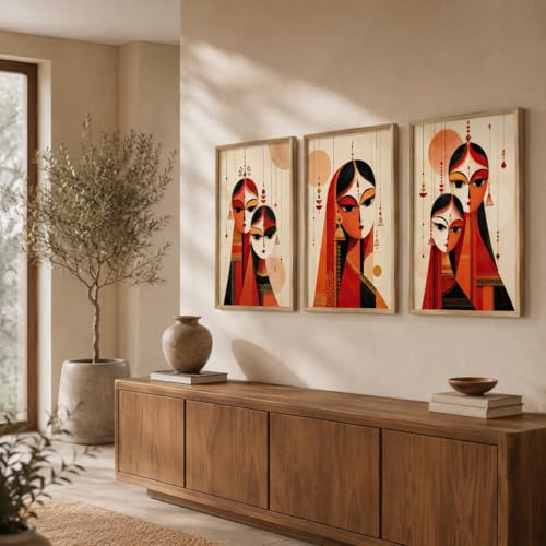 Image of Livin'luxe Set of 3 Traditional Indian Women Wall Paintings for Living Room Bedroom Home Decor with Premium Wooden Color Synthetic Frame (25.5 x 19.5 Inch) NM03-64