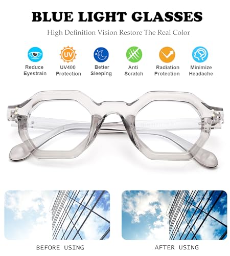 Image of NULOOQ Blue Light Glasses for Women - Men Trendy Retro Small Polygonal Computer Eyeglasses Non-prescription Glasses (Transparent Gray Frame)