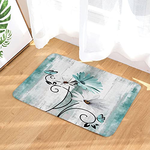 Rustikaler Bauernhaus-Badteppich, Bauernhofblaugrün, Gänseblümchen, Blumen und Schmetterling auf Landhaus, Holz-Badematte, türkisblau, Küchenteppich, Bodenmatte, Teppich, Innen-Fußmatte (40.6x61 cm) Cover