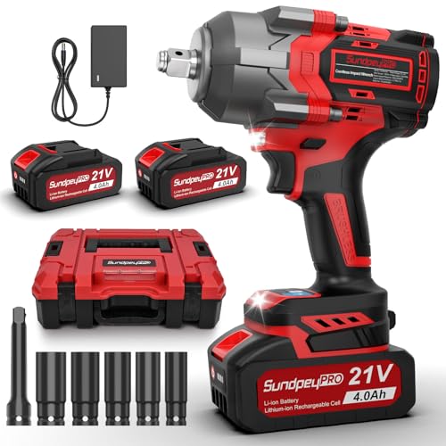SundpeyPRO Cordless Impact Wrench 1000Nm - 1/2 Inch Brushless Impact Gun with 2 × 4.0Ah Battery - 750Ft-lbs 3000RPM Electric Power Impact Wrench with 5 Sockets & Charger & Carry Case for Car Truck