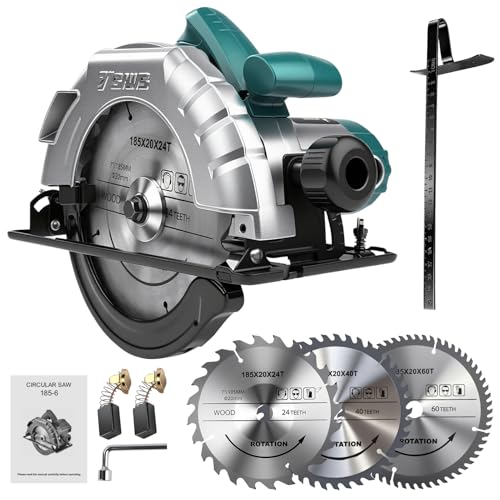 Professional Kreissäge, Leistung 1200 W, 185 mm Kreissägeblatt, 65mm Schnitttiefe Handkreissäge, inkl. 24T/40T/60T Hartmetall Sägeblättern, 5200 U/min, Gehrungsschnitte von 0–45°