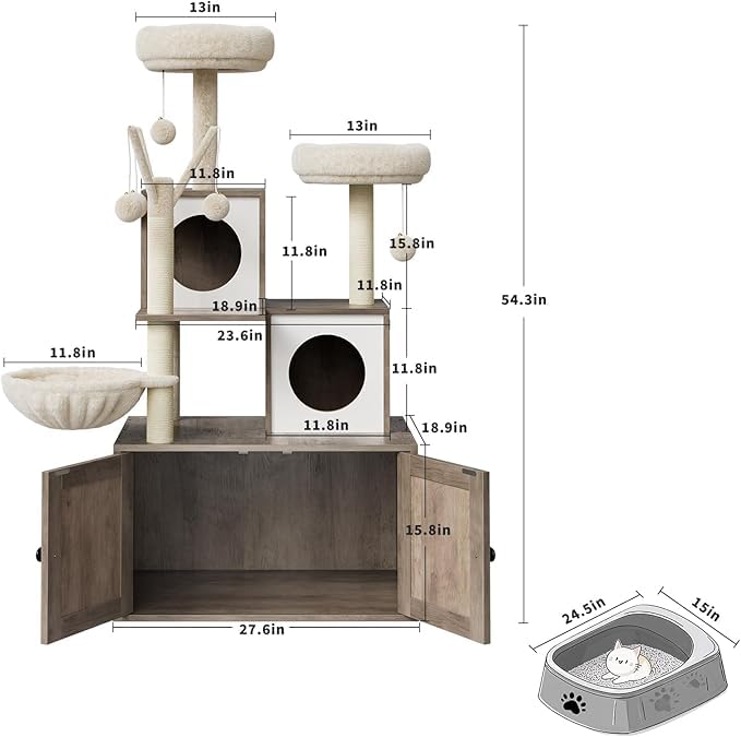 Arbre à Chat avec litière, Meuble Litiere Chat 140cm, Moderne Arbre Chats avec Kit Anti-Bascule, avec 2 Grandes Plateformes, 2 Armoires Cachées et des Balles Suspendues,Gris