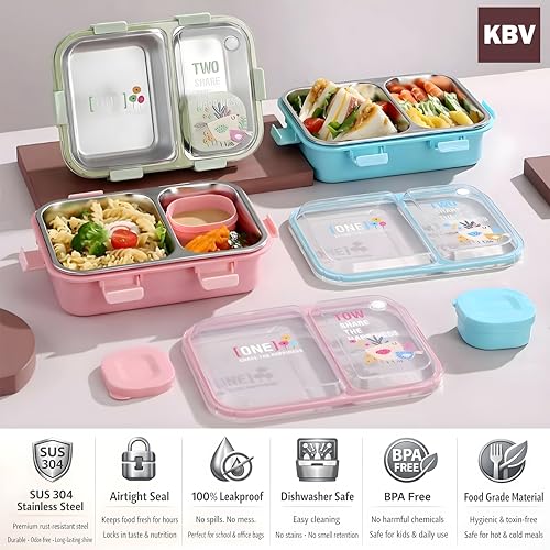Image of KBV 2 Compartment Insulated Happiness Lunch Box BPA-Free Airtight Leakproof Dishwasher Safe Tiffin Box for Kids Boys & Girls Perfect for School Picnic Gifting (Blue)