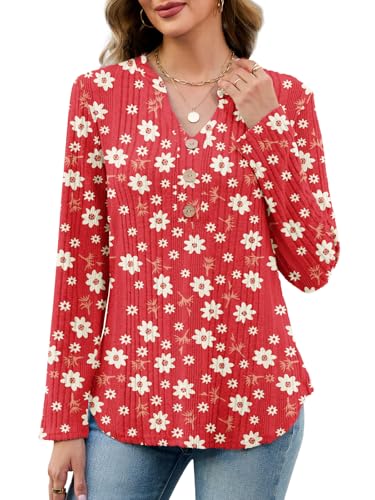 VUTRU Womens Fall Clothes Long Sleeve Tunic Henley Shirt V Neck Boutton Blouse Business Casual Top, Red Floral XL — view 2