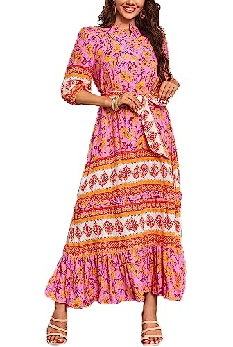 Image of Women Boho High-Waist Floral Print Maxi Dress 3 /4 Sleeve Casual | Soft Rayon, Breathable, Quick-Dry. High-Waist with Adjustable Belt, Flattering Hem. Ideal for Beach, Work & Dating.