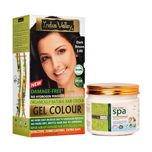 INDUS VALLEY Organically Natural Damage Free Colour Gel Dark Brown Hair Colour 3.0 Ammonia Free with Deep Nourishing Hair Eaze Spa - (20g +200ml + 175ml)