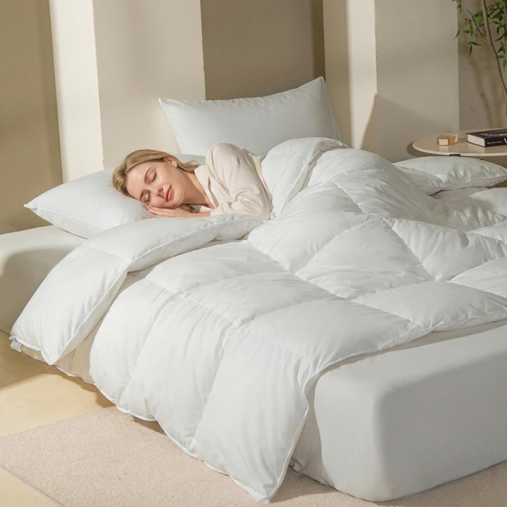Goose Feather Down Fiber Comforter Queen Size, All Season Medium Warmth, White Waterproof Duvet Insert, Hotel Collection Hypoallergenic Bedding, 90"x90"