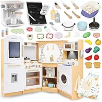 Mamabrum Corner Play Kitchen with Washing Machine, Lights and Sounds - Wooden Toy Kitchen Playset for Kids Age 3+ - Accessory Utensils and Running Water Circulation - 50-Piece Fruit & Veg Set