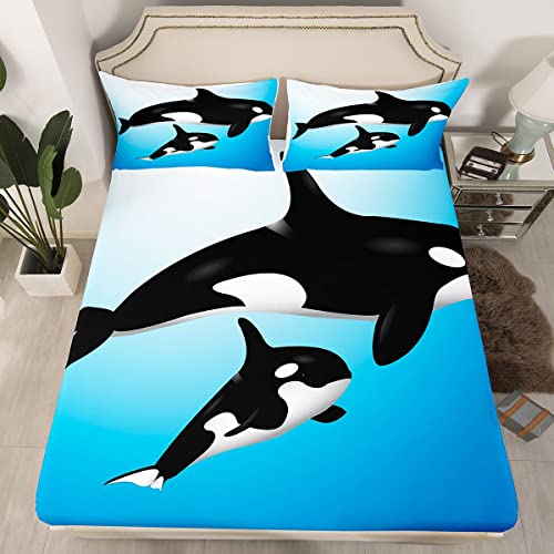 Ocean Whale Sheet Set Killer Whale Bedding Set For Kids Teen Boys Girls Deep Sea Animal Fitted Sheet With Baby Orcas Hawaiian Bed Cover With 2 Pillow Cases Full Size Teal Blue No Top Flat Sheet #TOP19