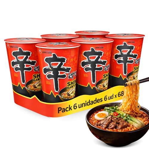 Ramen Picante Nongshin, Fideos Instantáneos Nong Shim Shin Ramyun, Instant Noodle Ramen Corea, Original Coreano, Agrega agua caliente y cocina por 5 minutos, Contiene 6 unidades de 68 g