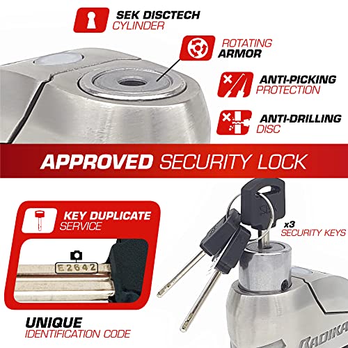 Radikal Rk14S Approved Alarm Disc Lock Motorcycle Premium Security, Hardened Stainless Steel Double Locking, Sek Disctech, High-End Alarm System With Warning Optional Activation, Led Alert 14Mm/0.55In #TOP3