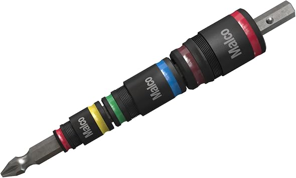 Malco 7-in-1 C-RHEX Flip Bit Socket Set with 3 cleanable, reversible, and stackable, color-coded sockets featuring an ultra-powerful magnet and a #2 Phillips integrated driver head. Impact Rated.