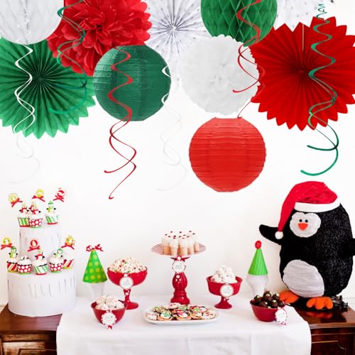 Image of Red White Green Mexican Christmas Birthday Party-Decorations - 21pcs Happy Banner,Paper Lanterns Honeycomb,Tissue Pom Poms Flower Fan,Italian Kids Classroom Hanging Streamers Garland Decor Huglony
