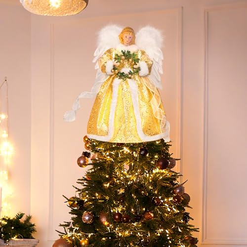 Christmas Angel Tree Topper with Light, Angel Treetop with Timer, Christmas Tree Ornament Decorations for Indoor, Office and Home Holiday Xmas New Year Tree Decoration (Gold Angel) by SPRKLINLIN - Image 3