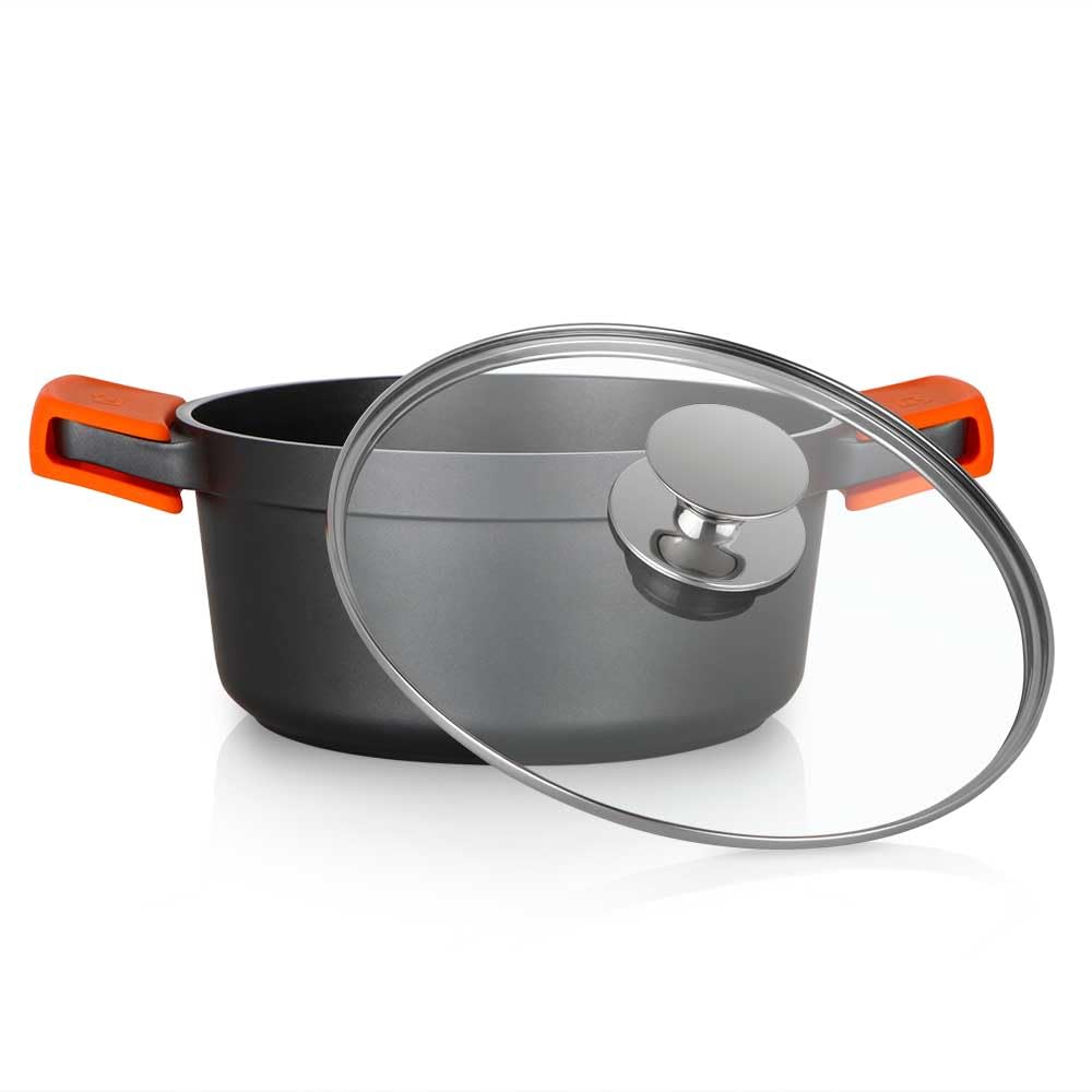 Orbegozo CDH 3028 Cacerola Honda Aluminio Fundido, 6.7 L, Superficie Antiadherente Libre de PFOA, Tapa Cristal Templado, Asas de Silicona