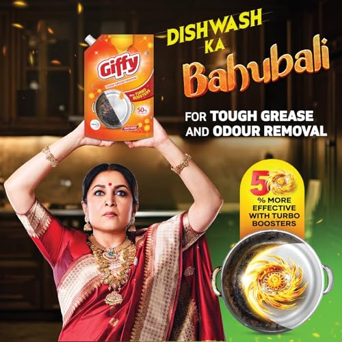 Image of Giffy Liquid Dishwash Gel 900ml (Pack of 2) | Enzymes | 50% More Effective | Tough Grease Removal Expert | Turbo Boosters | Mild fragrance | Removes Tough Malodour | Hand-Safe