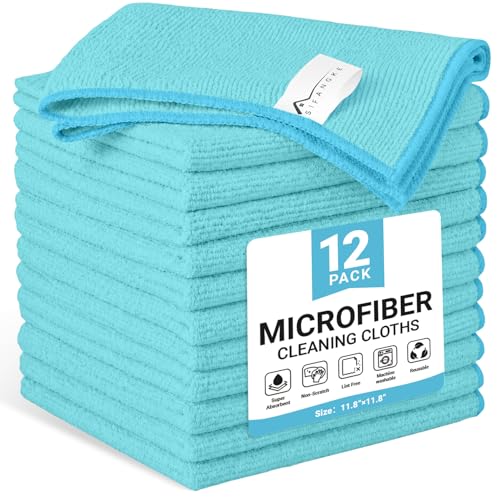 Image of SIFANGKE Microfiber Cleaning Cloth, 12 Pack SkyBlue Cleaning Rags for Housekeeping, Reusable Microfiber Towels for Car, Kitchen, Bathroom and Household Cleaning Supplies, 11.8 inchX11.8 inch