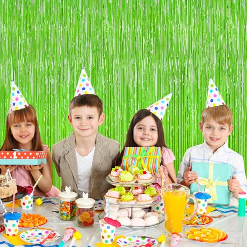Image of Grass Green Foil Fringe Curtain Backdrop, 2Pack Metallic Tinsel Fringe Curtain Streamers Photo Backdrop for St Patricks Day Football Decorations, Birthday Christmas Tropical Party Decor Door Streamers