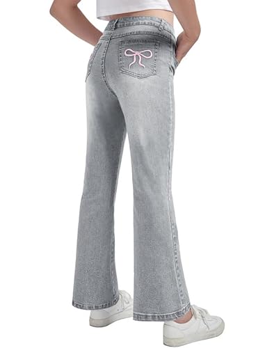 EXARUS Pantalones vaqueros acampanados de pierna ancha para niñas con bordado de lazo/estampado de leopardo con bolsillos, casuales para niños de 6 a 14 años, Gris acampanado, 12 años