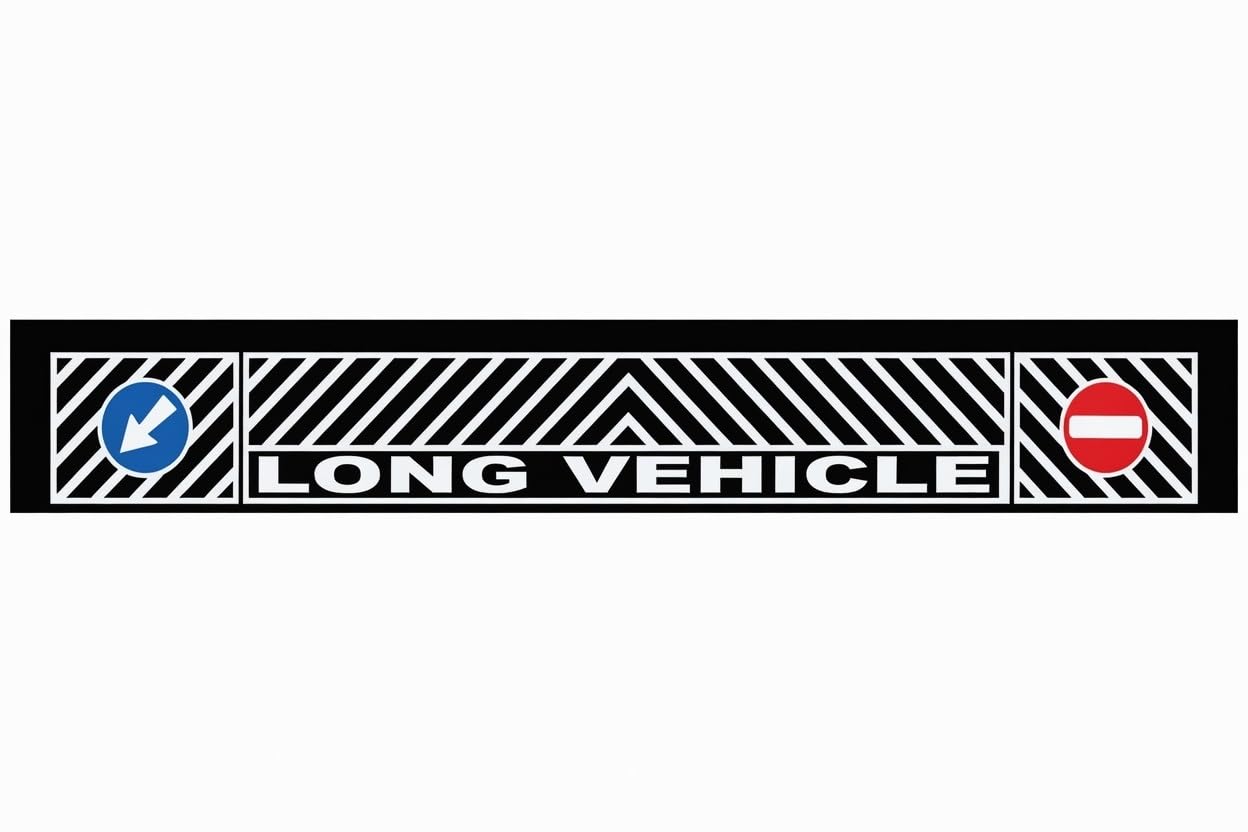 Recambo Universal Schmutzfänger Leiste, Spritzschutz, Spritzlappen für LKW Truck Anhänger Heck - Long Vehicle - mit Verkehrszeichen - Flexibel Gummi - 240 x 35 cm