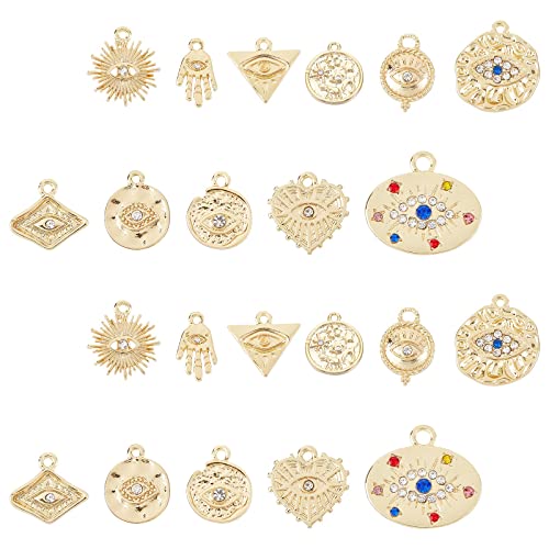 SUNNYCLUE 1 Box 22Pcs 18K Gold Plated Evil Eye Charms Bulk Alloy Rhinestone Evil Eye Hamsa Hand Connectors Link Charm Pendant Jewelry Findings for Earring Bracelet Necklace Anklets Jewelry Making