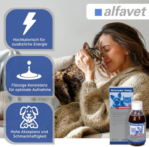 Alfavet ReConvales Energy, Doppelpack, in der Rekonvaleszenz, bei Untergewicht der Katze, hochkalorisch, appetitanregend, 2 x Glasflasche à 180ml, Diät-Ergänzungsfuttermittel