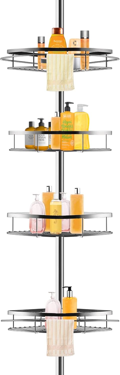 UIFER Corner Shower Caddy, Rustproof Shower Organizer Stainless Steel Tension Pole Shower Shelves, Height Adjustable 43 inch to 110 inch …
