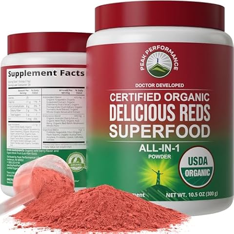 Peak Performance Organic Reds Superfood Powder, Best Tasting Organic Red Juice Super Food w/ 25+ All Natural Ingredients & Polyphenols, Vital for Max Energy and Detox. Raspberry, Elderberry, Beetroot Cover