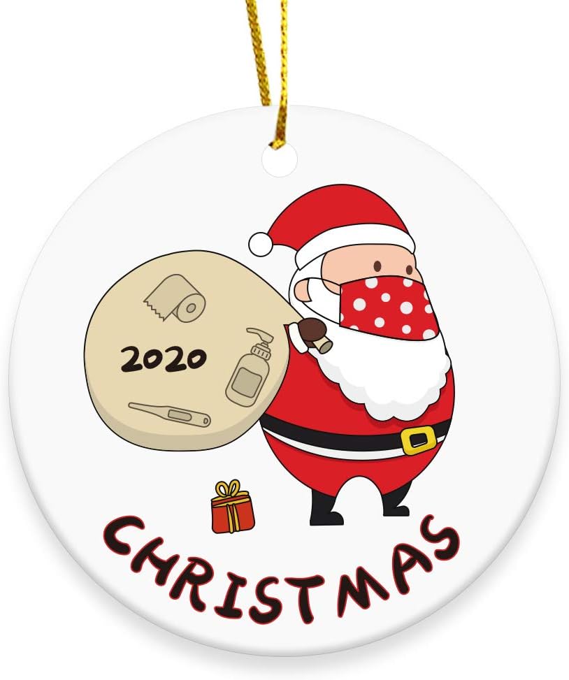 2020 Merry Christmas Ornaments Gift, Cute Masked Santa Claus Holiday Xmas Tree Ornament Hanging Accessories - 3 INCH Round Ceramic Home Decor