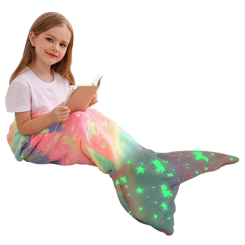 SNOWIE SOFT® Mermiad Tail Blanket for Kids, Flannel Cartoon Soft Blanket Glow in The Dark Kids Blanket Dreamy Travel Blanket Fish Tail Mermaid Blanket for Girls -Birthday Gift for Girls Kids-picture-23