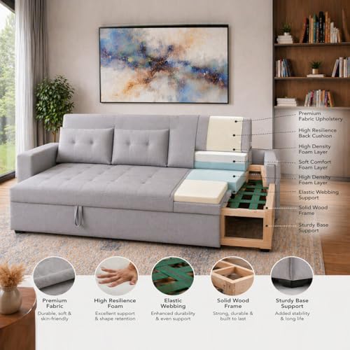 Image of Emilio 6 Seater RHS L - Shape Pull-Out Sofa Cum Bed Sofa for Living Room (Black Fabric Color) Premium Fabric Sofa Set for Living Room Sofa Cum Bed