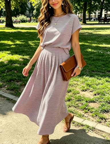 Image of Zontroldy Women's Summer 2 Piece Outfits Striped Skirt Sets Cap Sleeve Crop Top Midi Dress Matching Travel Outfits