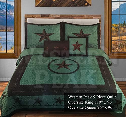 Western Peak 5 Pc Western Texas Cross Lodge Barbed Wire Quilt Bedspread Shams Pillow Oversize Comforter (Turquoise Texas Star, King)