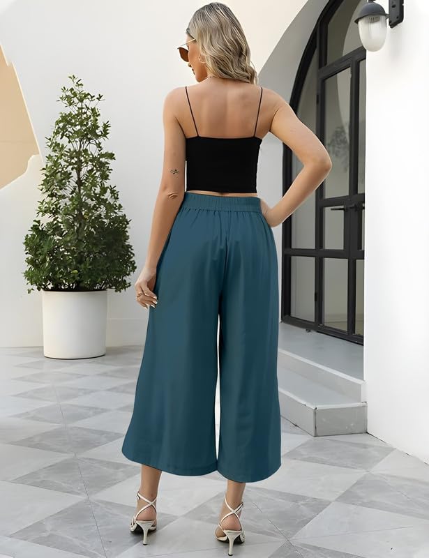 Image of OOMPH! Cotton Linen Palazzo Pant for Women | Women's High Rise High Waist Trousers Flowy Wide Leg Plazzo Pant Trouser with Pocket | Plazo Pant for Woman