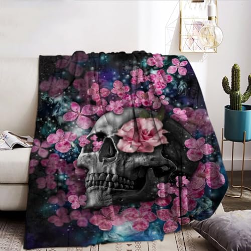 KAIDAARTLH Couverture Douillette avec Motif tête de Mort, imprimé Gothique, Douce et Confortable, Couverture en Fausse Fourrure, couvertures douillettes pour Halloween...