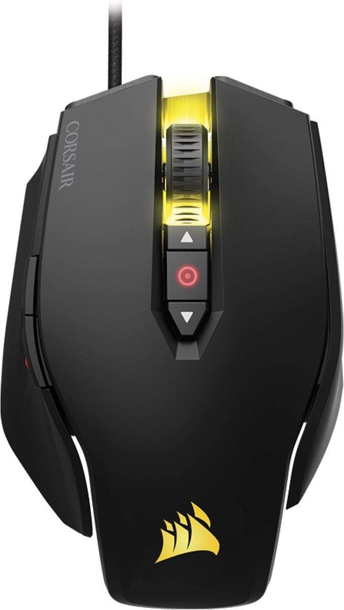 Side view of CORSAIR M65 Pro RGB mouse showing the sniper button and forward/back buttons.