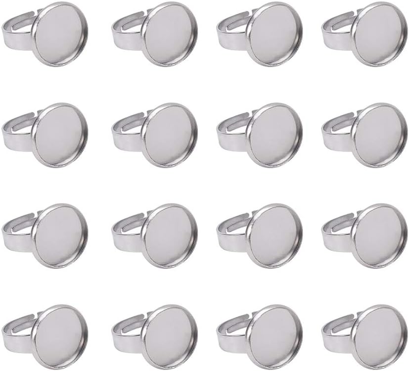 PH PandaHall 50pcs Stainless Steel Ring Base Blank Bezel Adjustable Pad Cabochon Base Flat Round Finger Rings Components Findings for Jewelry Making Supplies 17mm, Tray 12mm