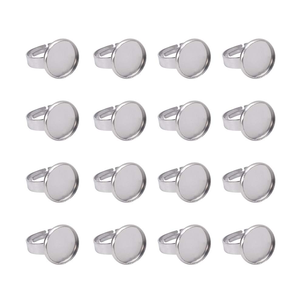 PH PandaHall 50pcs 12mm Stainless Steel Ring Base Blank Bezel Adjustable Pad Cabochon Base Flat Round Size 7 Finger Rings Components Findings for Jewelry Making Supplies