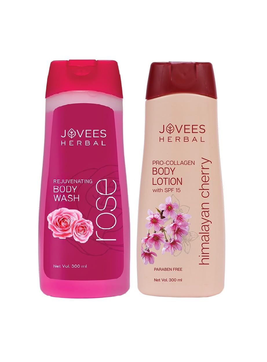 Jovees Herbal Rose Rejuvenating Body Wash & Himalayan Cherry Body Lotion Combo For Body Care 300ml (Set of 2)-image-20