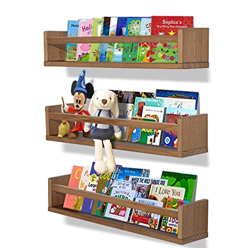 Image of MBYD Light Walnut Nursery Book Shelves, Wooden 16in Floating Wall Bookshelf, Wall Storage Shelves for Nursery Decor, Kitchen, Bathroom