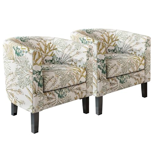 Image of BELLEZE Living Room Chairs Set of 2, Linen Round Accent Barrel Chairs, Club Tub Sofa Chairs for Bedroom, Corner Chairs with Flared Legs and Cozy Soft Padding - Highland (Green Coral)