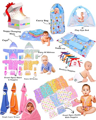 Image of Toddylon 56 in 1 New Born Baby Products All | Gift Packs | Maternity Kit | Baby Clothes | Baby Bedding Set | Essentials Items | Baby Shower | Combo Pack | Infants (Multicolor, 0-6 Months)