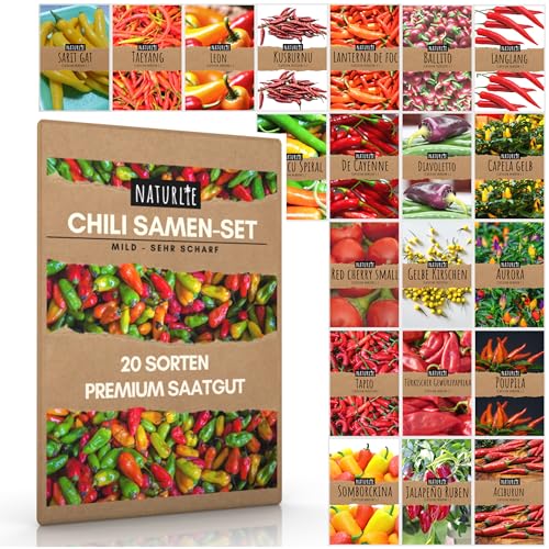 20er Chili Samen Set von Naturlie 20 Sorten Chilisamen mild bis sehr scharf Chili Set für Balkon Garten Gewächshaus Hochbeet - Premium Chilisortiment