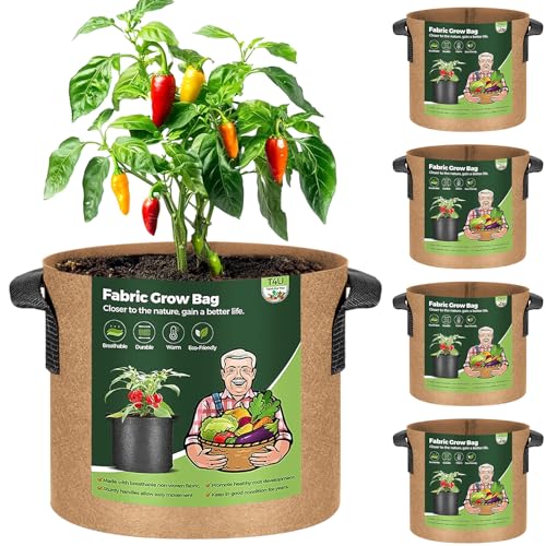 T4U 5-Pack 7 Gallon Fabric Plant Grow Bags, Heavy Duty Smart Growing Bag with Handle, Thickened Breathable Nonwoven Growbag Planter Container for Potato Tomato Chili Strawberry Vegetable Seed Outdoor