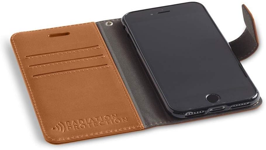 SafeSleeve Wallet Leather Case for iPhone 6/7/8 & iPhone SE 2 EMF Blocker for Cell Phone with 3 Card Holder & Adjustable Stand – Magnetic Closure, and Magnetic Folio Protection for Daily Use (Leather)