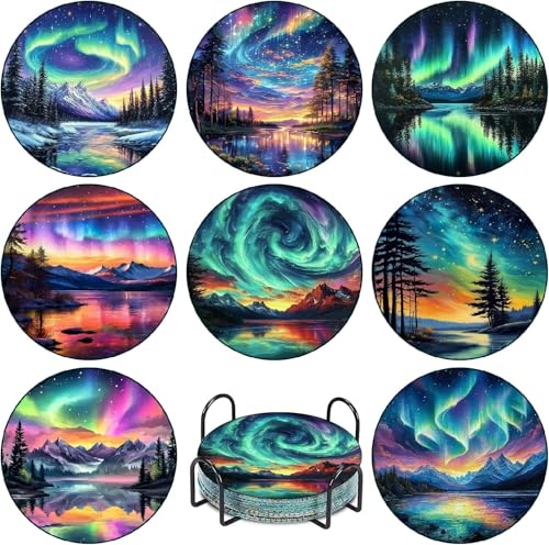 Jakener 8 Stück Aurora Diamond Painting Untersetzer Mit Halter, Diamant Tassenuntersetzer, Diamond Painting Erwachsene zum Basteln,Untersetzer rutschfest für Anfänger, Erwachsene & Kinder