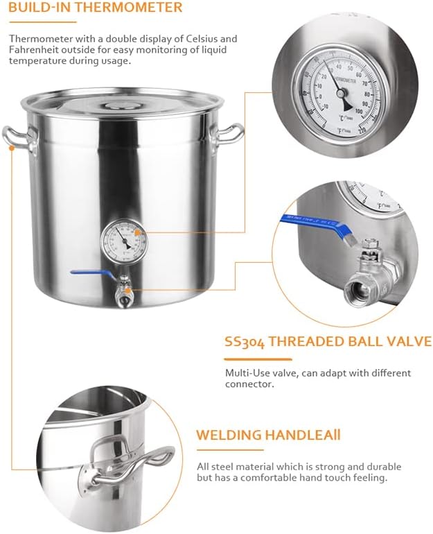 AIZYR Commercial Stockpot Stainless Steel Pot Brewing Kettle 19L/30L/45L/60L/95L Brew Bucket with Thermometer and Valve for Cooking and Home Brewing,40x40cm